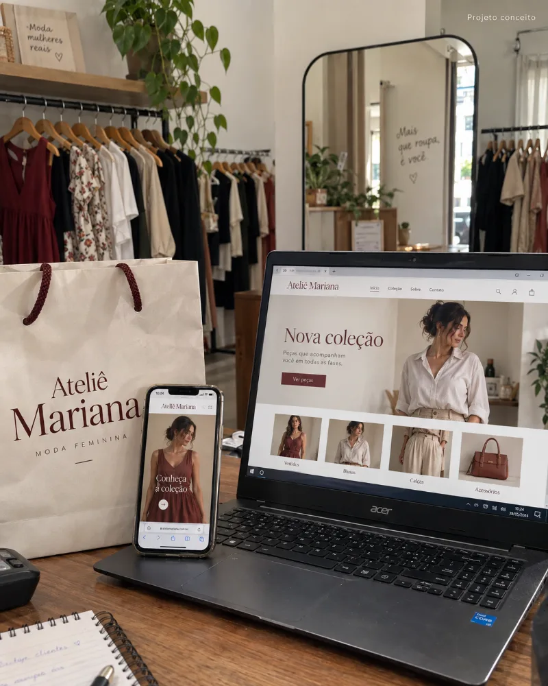 Sacola, site e loja do Ateliê Mariana, com a nova coleção aberta no notebook e no celular